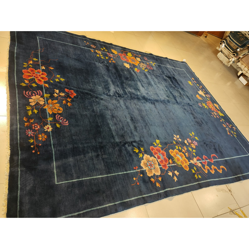 Navy Blue Color Field Antique Floral Pattern Chinese Deco Rug