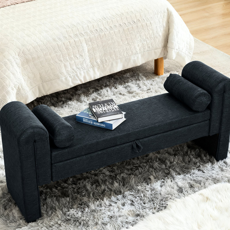 Banc moderne bleu foncé de 60 pouces avec rangement, sièges spacieux pour deux, banc de rangement parfait pour les activités et les chambres, plusieurs personnes confort, couloirs