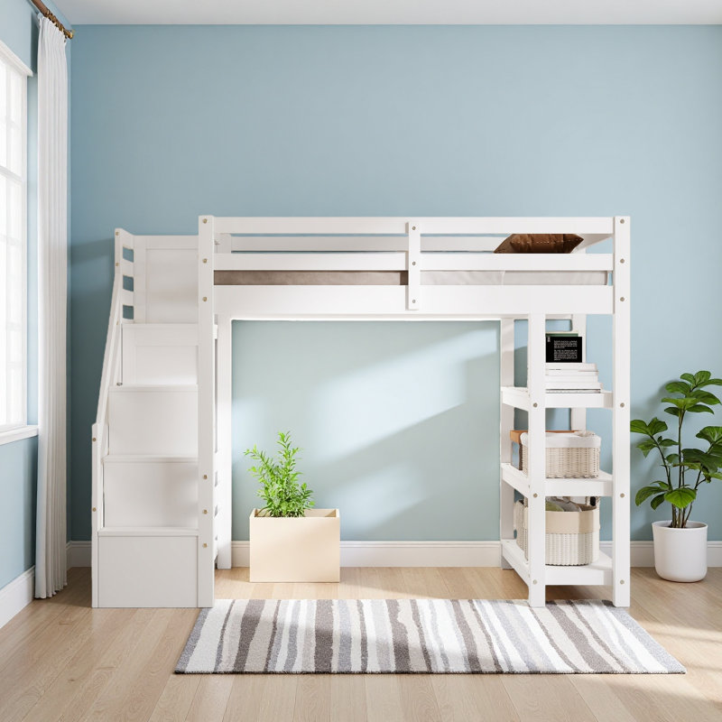 Lit mezzanine avec tablettes, escalier de rangement, petite armoire et lumière DEL blanche, Lit simple