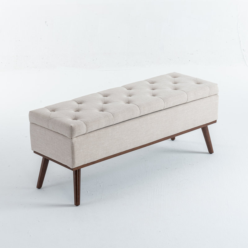 Delmy Linen Upholstered Storage Bench with Wood Base Tufted Ottoman, Beige
