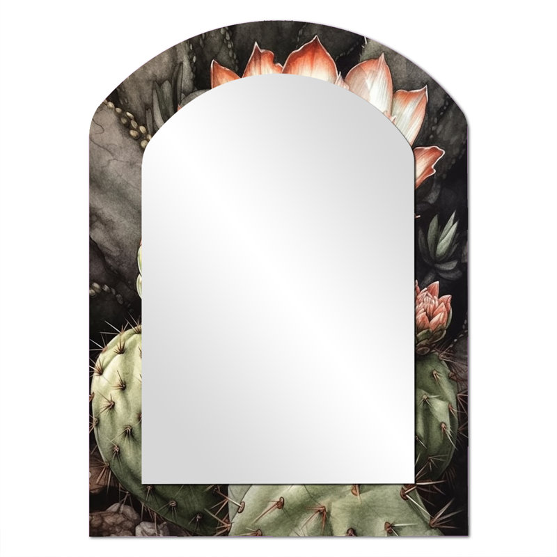 «Blossoming Cactus Flower I - Cactus miroir mural, miroir décoratif asymétrique vert, impression sur métal, 34 po x 25 po