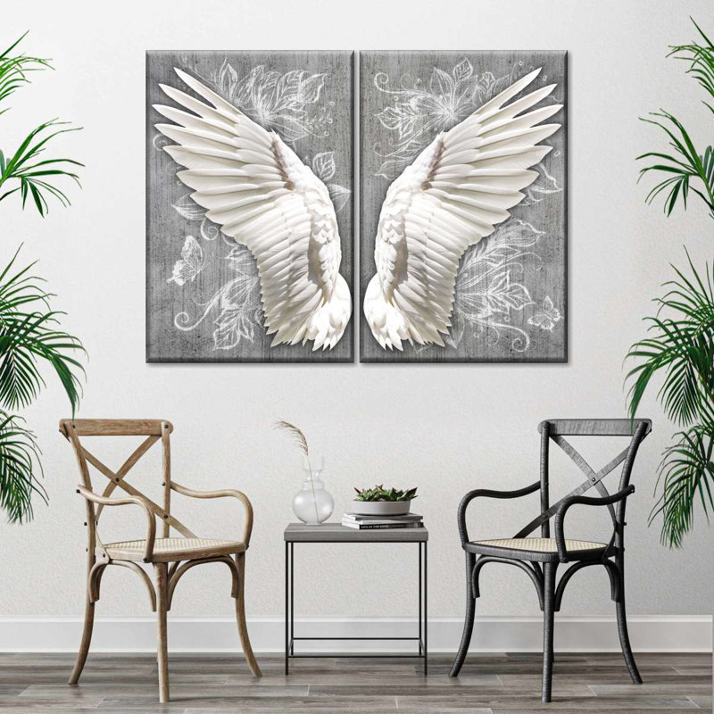 «White Floral Angel Wings», impression sur toile tendue 2 pièces, H 42 po x l 57 po x P 1,25 po