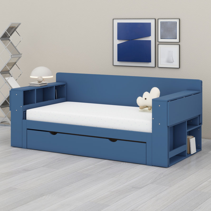 Lit de jour avec bureau amovible, tiroirs de rangement et table d'appoint hydraulique, Bleu
