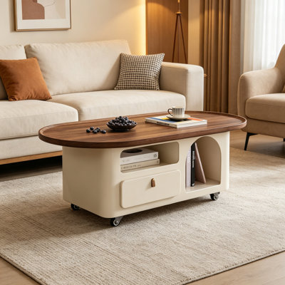 Simple Movable Wood Coffee Table Storage Drawers