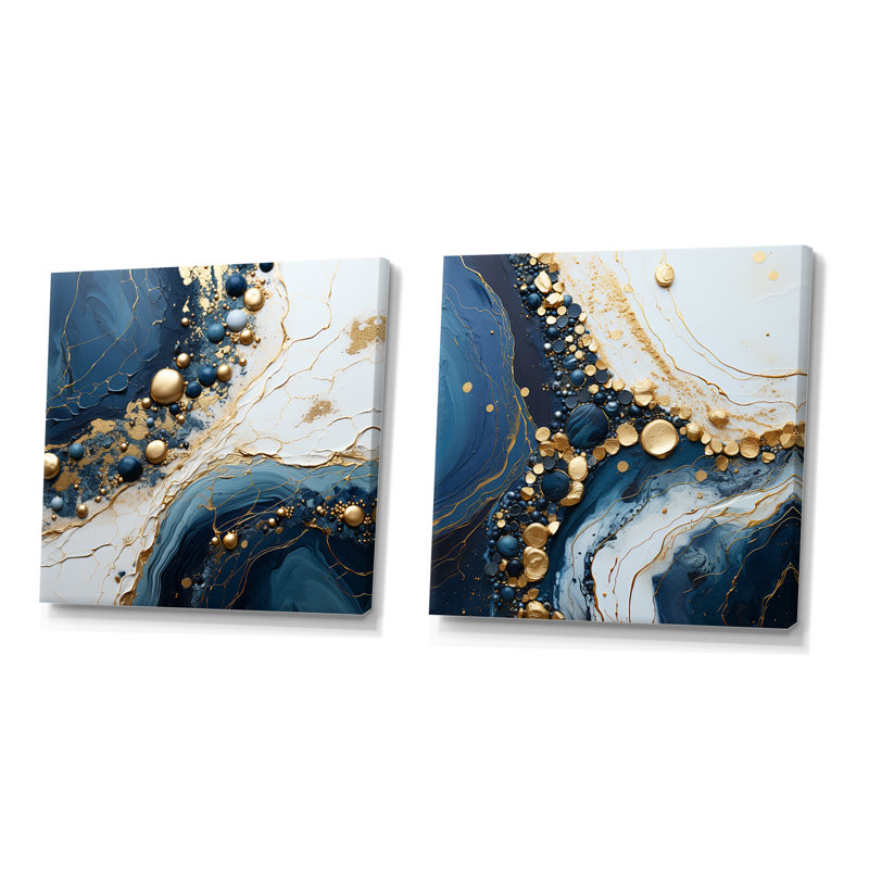 «Gold and Blue Geode», art liquide - encre liquide abstraite, ensemble de 2 impressions, Toile tendue