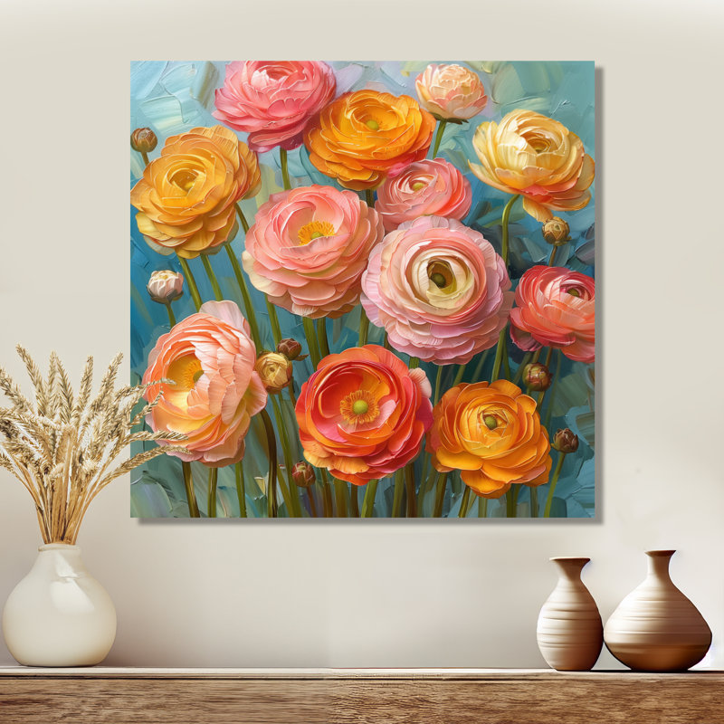 Reproduction d'art rose, rose et orange, Summer Meadow III - Renoncule, H 16 po x l 16 po x P 1 po, Toile tendue