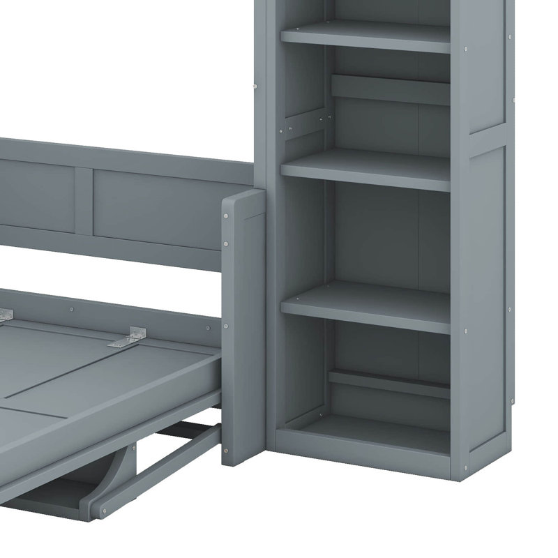 Lit escamotable double avec bureau et bibliothèque, lit escamotable au design compact et peu encombrant, Double, Gris