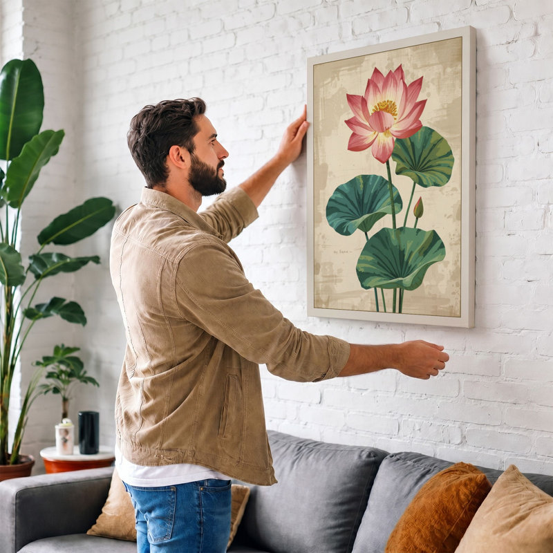 Lotus in Bloom Botanical - Wrapped Canvas, 36x24 - 91.4 x 61.0 cm, White Border