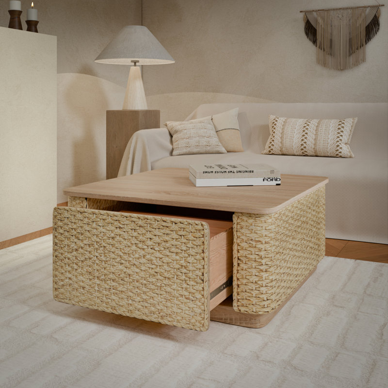 Table basse rectangulaire en rotin avec tiroir