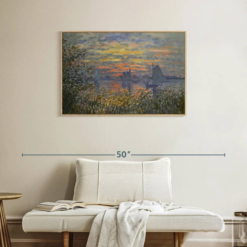 Vue marine avec coucher de soleil, Cadre flottant en bois naturel, 37 po x 25 po