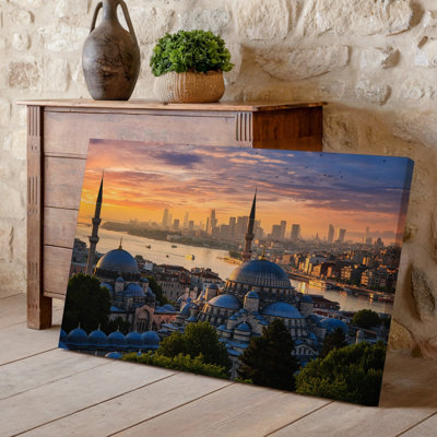 Canvas A Breathtaking Panoramic View Of A Vibrant Cityscape At Sunset Wall Art Featuring A Blend Of Historical And Modern Architecture Canvas Wall Art