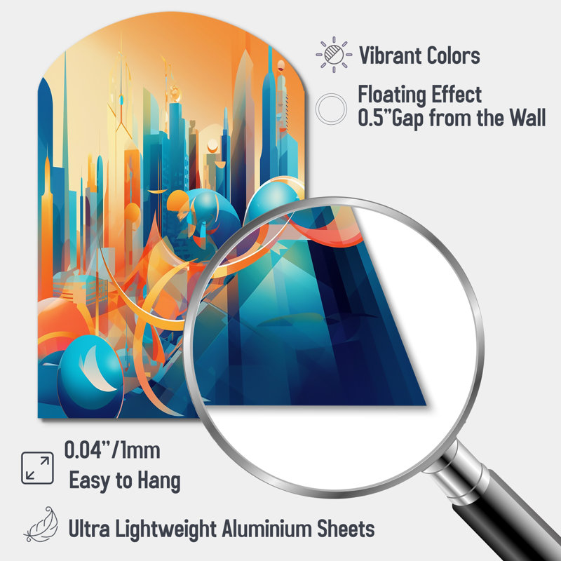 «Blue and Orange Retro Radiance I - Arch City», art mural art déco, sculpture murale asymétrique en métal