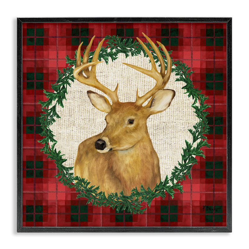  «Deer on Plaid & Wreath», art de la giclée encadrée par Paul Brent, H 24 po x l 24 po, Noir