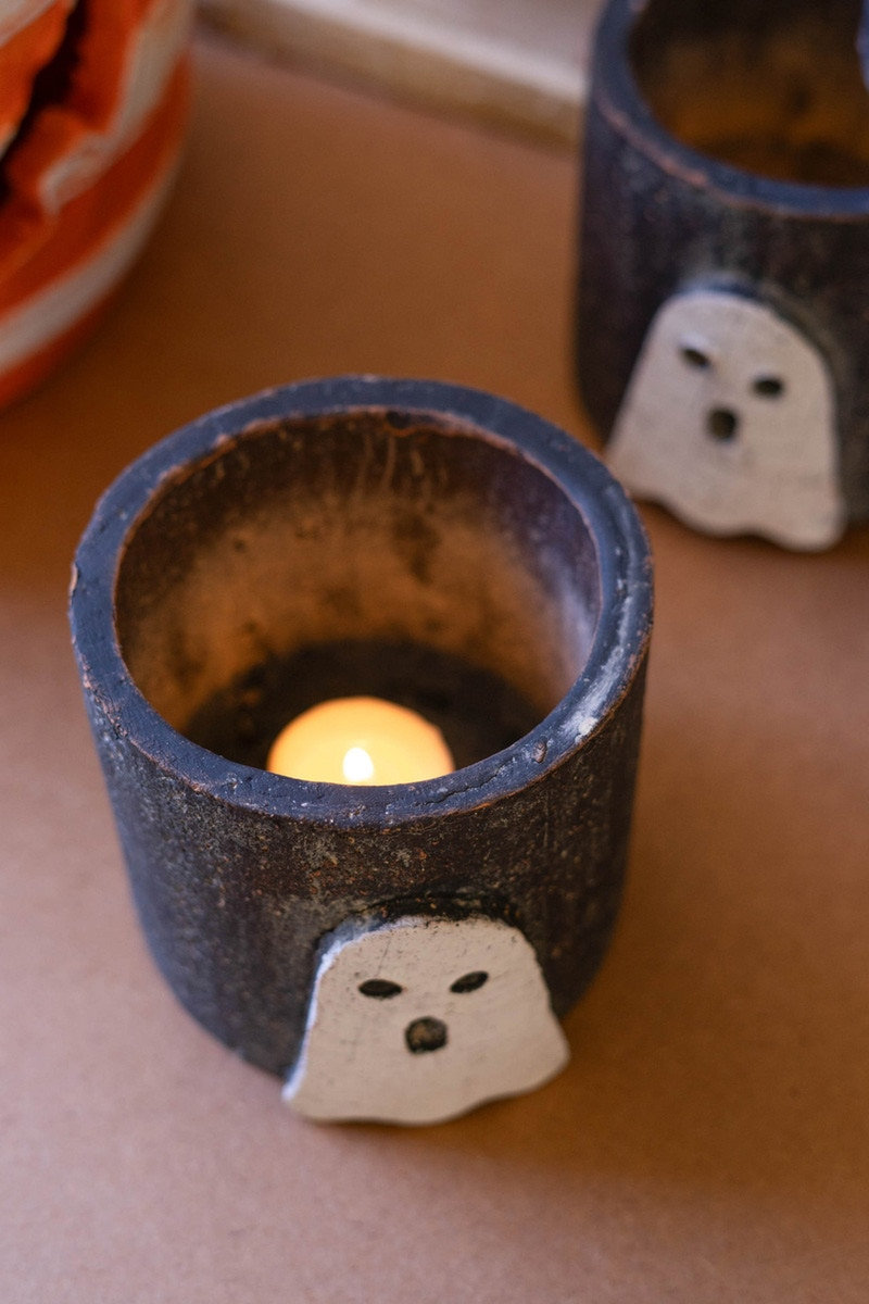  Cheerful Clay Ghost Container Playful Halloween Candle Holder Set of 2 - 4"Tall