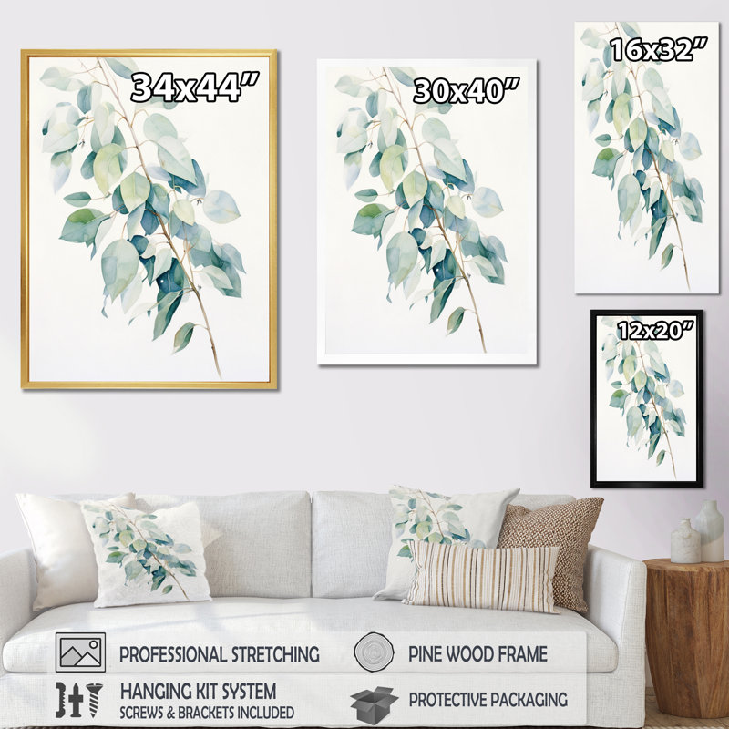 " Green White Minimalism Eucalyptus Essence III ", Black Floater Framed, 32" H x 24" W x 1.5" D