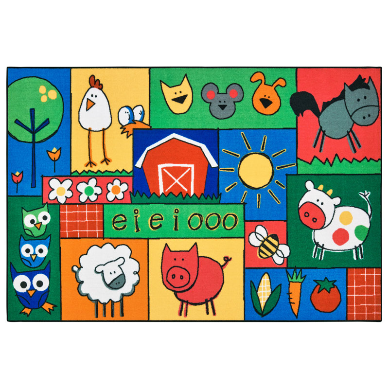 Tapis touffeté vert, bleu et jaune KID $ Value Rugs ™, Rectangle 4 pi x 6 pi