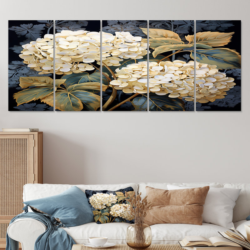 Illustration rétro de fleur d'hortensia blanc - ensemble d'art décoratif mural hortensia 5 pièces, H 32 po x l 80 po