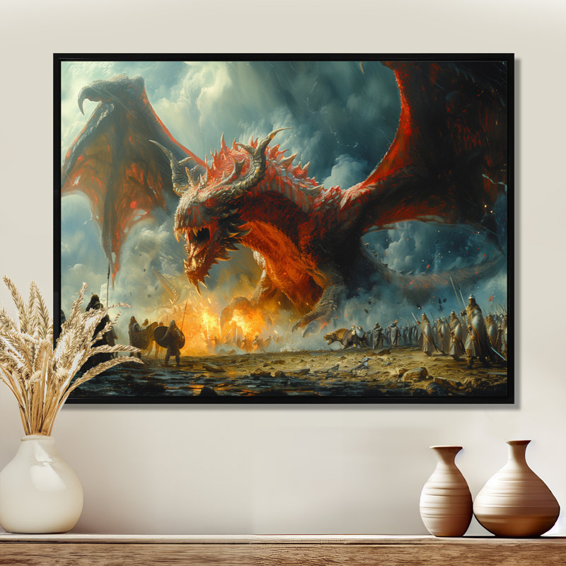 Décoration murale Sotelo - Dragons, Toile avec cadre flottant noir, H 34 po x l 44 po x P 1,5 po
