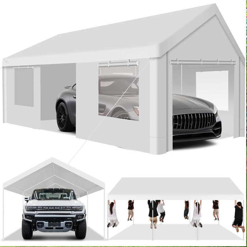12x20 ft Heavy Duty Car Canopy with Roll-up Windows with Removable Sidewalls & Door, White