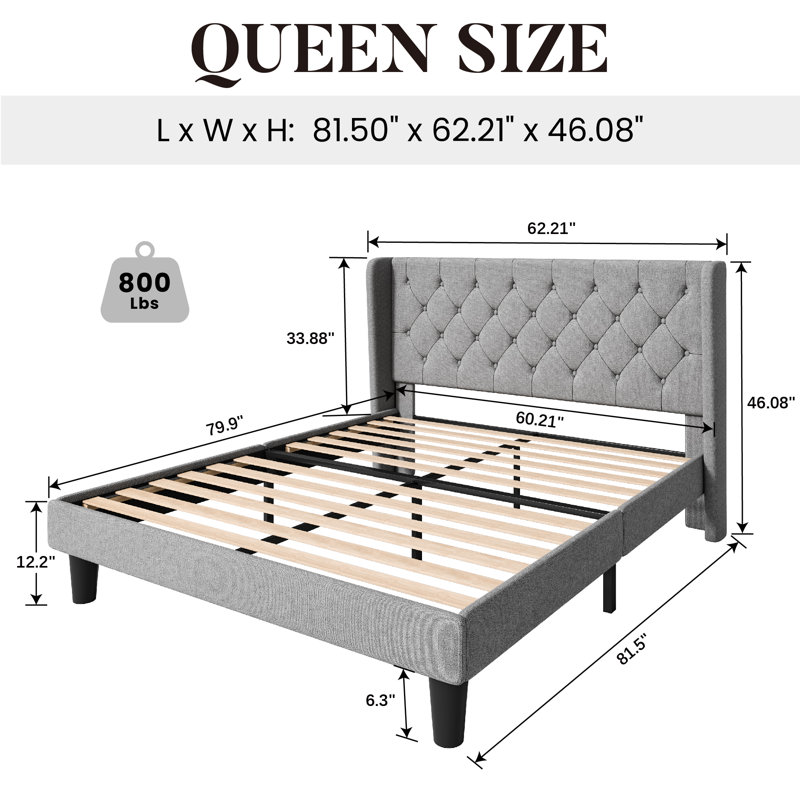Hilbert Upholstered Low Profile Platform Bed Frame with Headboard, Queen, Light Grey