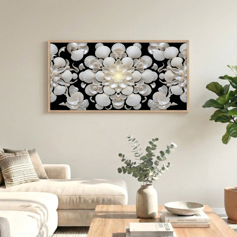 Ensemble de 1 tableau sur toile avec fleur en coquillage, L 40 po x H 20 po, Naturel