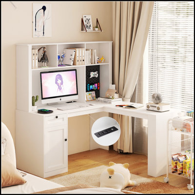 Bureau en L avec prise de courant, bureau d'ordinateur avec tiroirs, bibliothèque et huche pour une utilisation compacte et multifonctionnelle