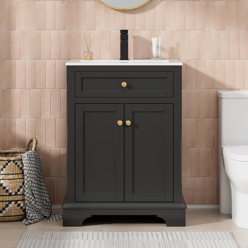Meuble-lavabo simple autoportant Linsay 24 po avec comptoir en céramique, robinet et drain, peinture résistante à l'eau, certifié EPA