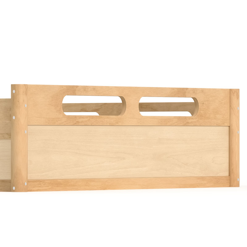 Lit plateforme grand format avec garde-corps pleine longueur, base de lit grand profil bas avec support en lattes de bois, aucun sommier tapissier requis, naturel