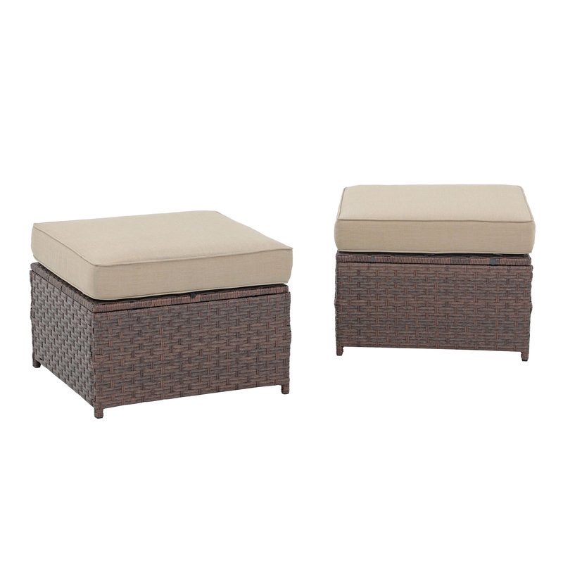 Wicker Outdoor Ottoman with Cushion (Set of 2), Brown Frame/Beige Cushion