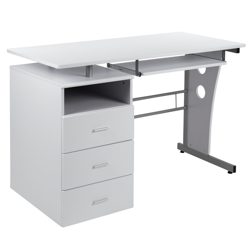 Picabo Computer Desk with Three Drawer Single Pedestal and Pull-Out Keyboard Tray, White