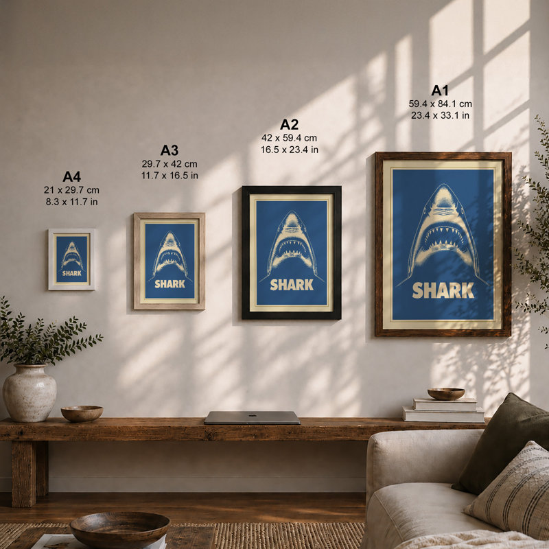 Shark Minimalist - Framed Print, A2 - 59.4 x 42.0 cm, Black