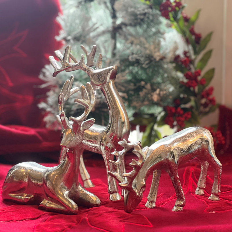 Figurines de renne rustique, ensemble de 3, fabriquées à la main, fonte d'aluminium, 8,75 pouces, Argent argent