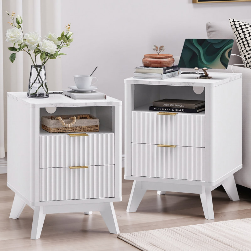 Ensemble de 2 tables de chevet cannelées avec station de charge et rangement intégrés, Blanc