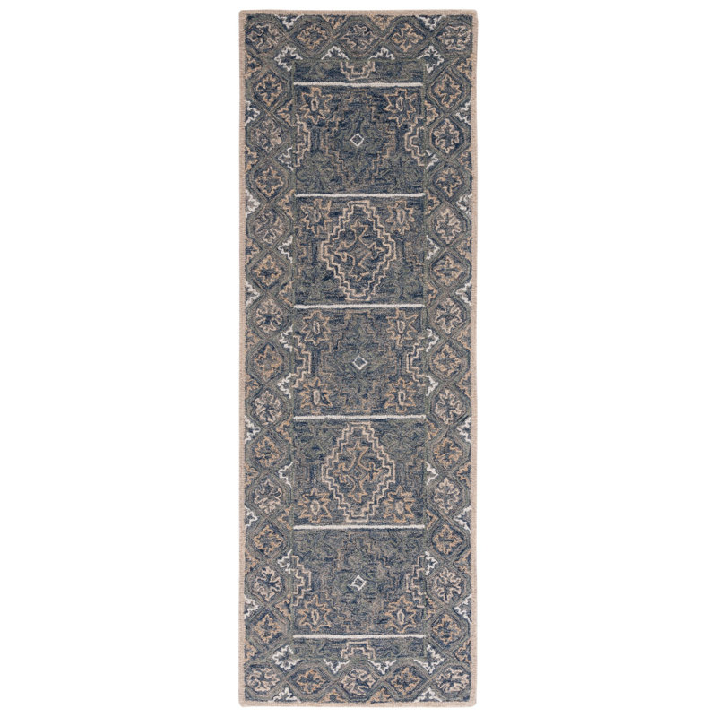Tapis bleu en laine touffeté à la main Deyoung, Tapis de couloir 2 pi 3 po x 7 pi