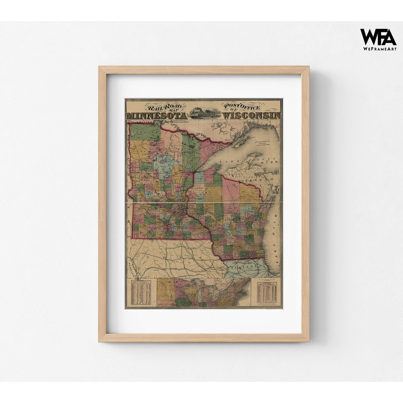 Railroad And Post Office Map Of Minnesota And Wisconsin 1871, Old Wisconsin Map, Minnesota Poster Print, Old US Railway Art, US Map Poster