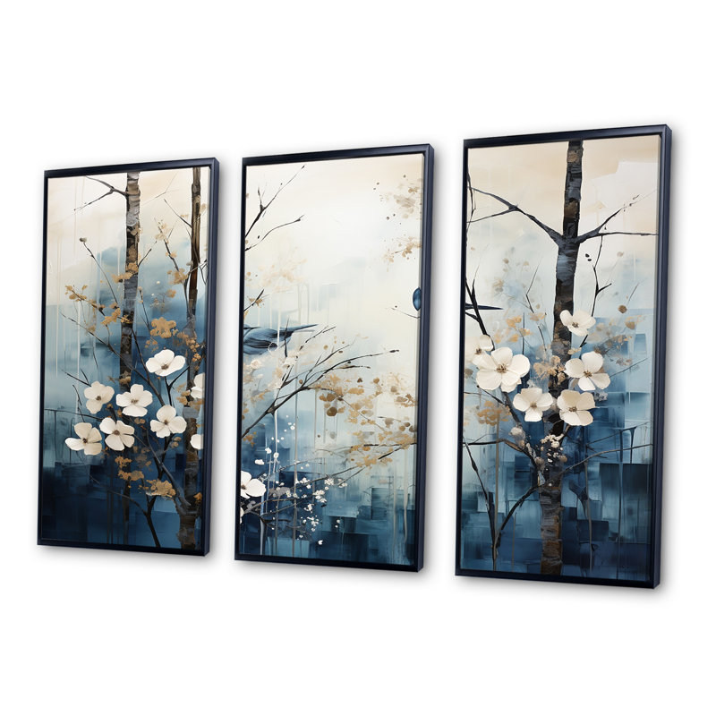 «Blue and White Forest Winter Harmony I», ensemble d'art sur toile, H 28 po x l 36 po x P 1 po, Cadre flottant noir