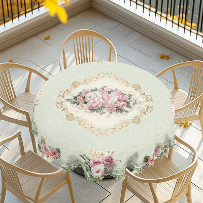 Nappe ronde vert clair - Nappe lavable en tissu avec imprimé rose rose et pivoine, nappe décorative festonnée pour la salle à manger / cuisine, décor durable, maison de campagne / maison classique