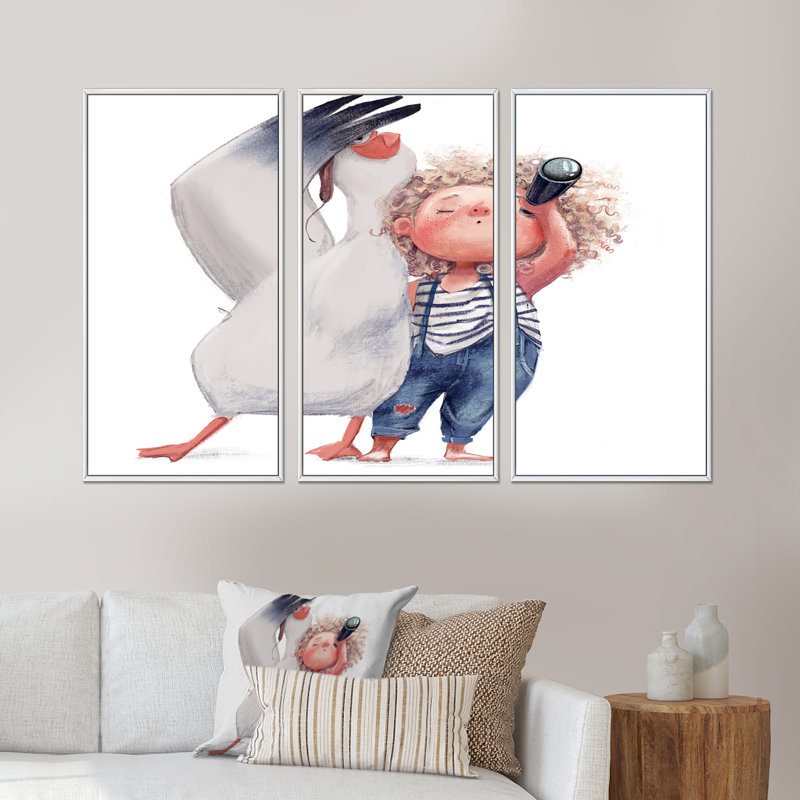 «Little Girl With Albatros I», ensemble de 3 toiles encadrées pour enfants, H 32 po x l 48 po x P 1 po, Blanc