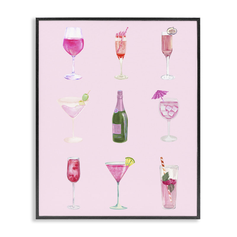  Diverses boissons roses encadrées par estampe numérique par House of Lulu, H 14 po x l 11 po, Giclée encadrée noir minuit