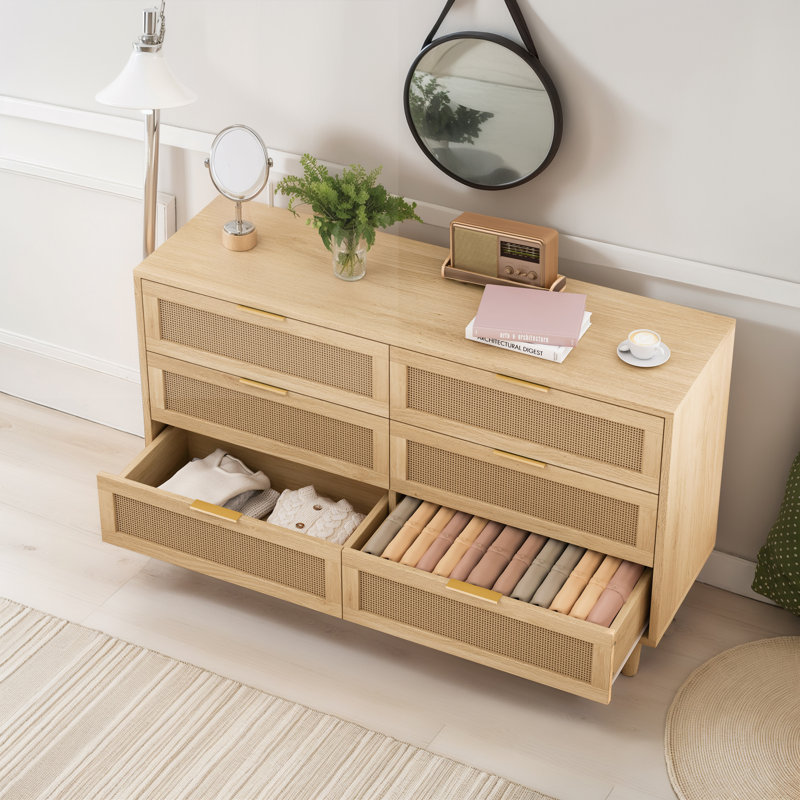 Console Table with 6 Drawer, Natural/Natural