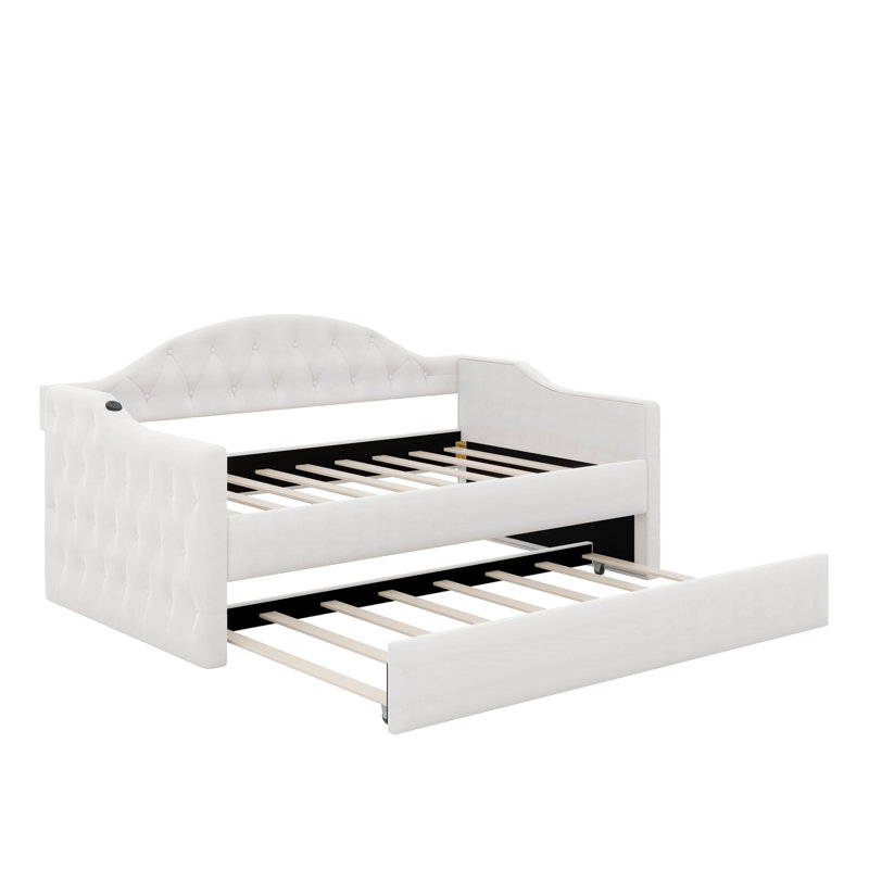 Twin Tufted Velvet Upholstered Daybed With Trundle, Beige