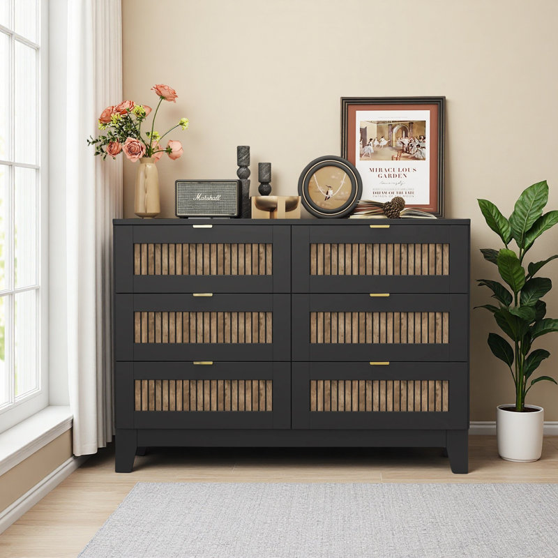 Commode en bois de style rustique avec 6 tiroirs, Noir