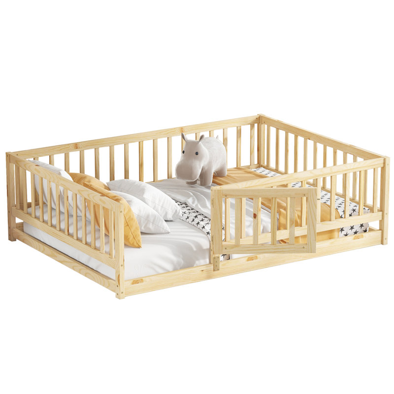 Full Size Montessori Floor Bed With Fence, Door And Removable Slats, Pine Wood Kids Floor Bed For Girls & Boys, No Box Spring Needed, Ideal For Toddlers & Kids, Natural