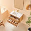 Meuble-lavabo flottant 30 po avec lavabo en céramique. Finition noyer naturel. Entièrement assemblé. Rangement pratique. Contreplaqué. Installation facile. Surface propre. Tiroirs stratifiés pour meubles de salle de bain.