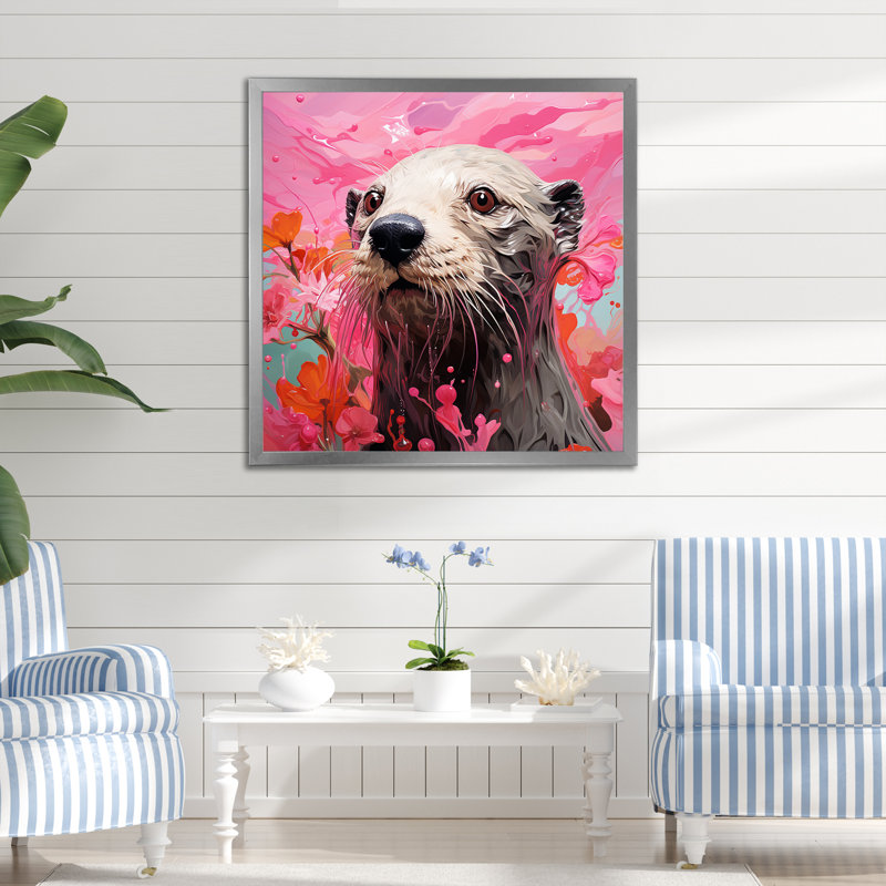Artistique, loutre rose aquatique, H 16 po x l 16 po x P 1 po, Cadre simple argenté