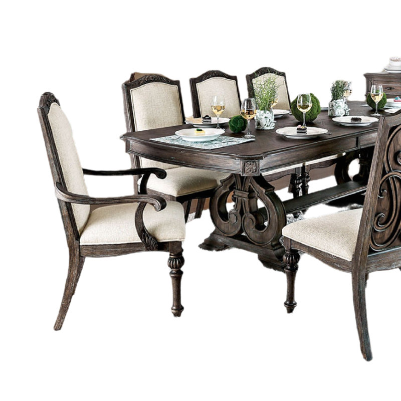 Arca 9Pc Dining Table Set With 8 Ivory Fabric Chair, Rustic Solid Wood