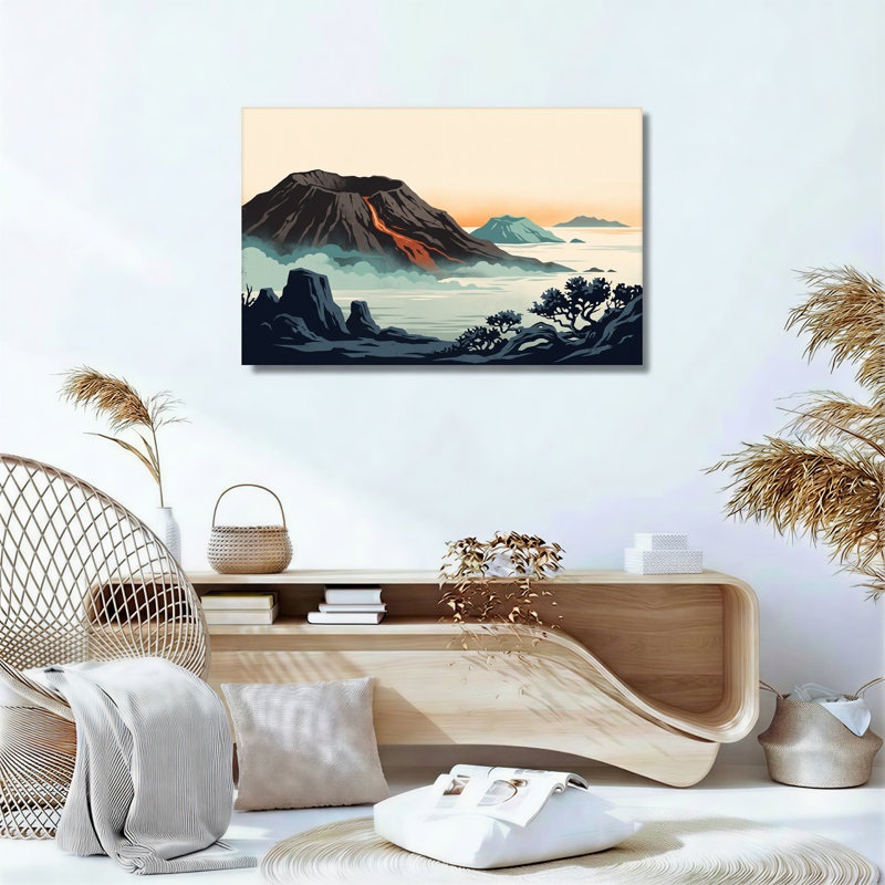 Art mural rétro sur toile volcanique avec coulée de lave orange, 32"H x 48"W