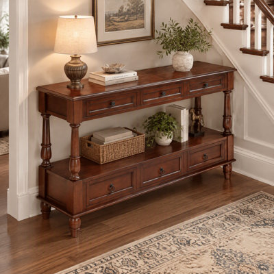 51" Vintage Solid Wood Console Table, 6 Drawers 2-Tier Shelf Foyer Table for Living Room Hallway Entryway