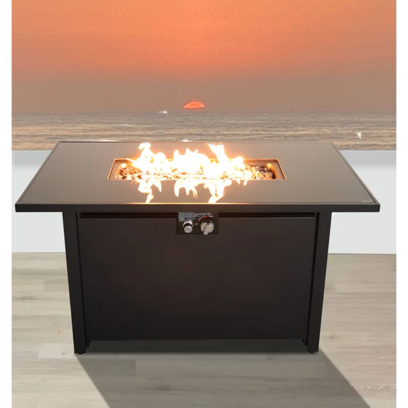 25" H X 42" W Steel Outdoor Fire Pit Table With Lid - Cozy Patio & Deck Fireplace Lid, Rust- Steel, Stainless Top, Lava Rocks, Side Door Access, Control Panel Ignition, Protective Cover, Black