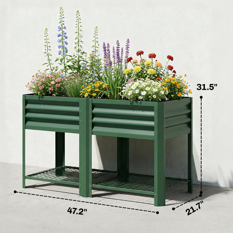 Galvanized Steel Raised Garden Bed with Storage Shelf and Bed Liner, Elevated Planter Box with Legs for Flowers, Vegetables, and Herbs, for Outdoor Patio Yard, Glove Included, Green